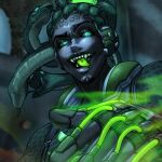  1boy animal colored_skin colored_tongue green_eyes green_theme green_tongue grey_skin highres lucio_(overwatch) male_focus official_alternate_costume open_mouth overwatch overwatch_1 snake snake_hair solo tongue tongue_out upper_body wayaow2 