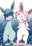  2023 4_toes ambiguous_gender blush blush_stickers canid cute_fangs digital_media_(artwork) digitigrade duo eeveelution emanata feet feral fur generation_4_pokemon generation_6_pokemon gesture glaceon glowstick happy headgear headphones headset hi_res kemono koorinezumi looking_at_viewer mammal multicolored_body multicolored_fur nintendo one_eye_closed open_mouth open_smile pawpads paws pokemon pokemon_(species) smile sylveon toes tongue v_sign wink 