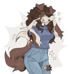  anthro big_breasts black_nose blue_clothing blue_shirt blue_topwear bottomwear breasts brown_body brown_fur brown_hair canid canine canis cartvage_(artist) clothed clothing countershade_arms countershade_face countershade_fur countershade_neck countershading denim denim_clothing dipstick_tail domestic_dog eyebrows eyelashes eyes_closed female finger_on_cheeks fully_clothed fur hair happy hi_res jeans long_hair mammal markings multicolored_body multicolored_fur pants portrait shirt simple_background snout solo standin tail tail_markings tan_body tan_countershading text text_on_clothing text_on_shirt text_on_topwear three-quarter_portrait three-quarter_view tongue tongue_out topwear torn_bottomwear torn_clothing torn_jeans torn_pants two_tone_body two_tone_fur wavy_hair wavy_tail white_background 