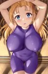 1girl absurdres ahoge arms_up blonde_hair blue_eyes blush bodysuit breasts cameltoe collarbone commentary_request covered_navel covered_nipples fuurinji_miu highres large_breasts long_hair looking_at_viewer lying mole mole_under_eye on_back open_mouth purple_bodysuit shijou_saikyou_no_deshi_ken&#039;ichi skywalker0610 solo tatami taut_bodysuit wooden_floor 