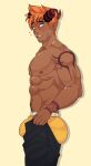  1boy abs absurdres ass bara barbell_piercing blush bulge bulge_lift check_copyright copyright_request curled_horns dark-skinned_male dark_skin demon_boy demon_horns dressing facial_hair feet_out_of_frame from_side goatee hair_between_eyes highres horns i&#039;ve_never_seen_a_guy_recreate_this_successfully_tbh_(meme) looking_at_viewer male_focus male_underwear meme mrmrfoxhound_(voice_actor) muscular muscular_male navel_hair nipples open_pants original pants pants_lift pectorals piercing pointy_ears short_hair shoulder_tattoo solo stomach stubble sweatdrop tattoo topless_male undersized_clothes underwear yellow_male_underwear 