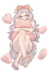  1girl annoyed barefoot closed_mouth crossed_legs dress full_body grey_eyes grey_hair highres holding holding_pillow kimura_731 knees legs long_hair looking_at_viewer original pillow simple_background solo toenails toes v-shaped_eyebrows white_background white_dress 