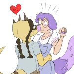 &lt;3 1:1 5_fingers anthro blush bottomwear braided_hair brown_hair ceratopsian clothing colored dinosaur dromaeosaurid duo eyewear female fingers glasses goodbye_volcano_high hair kiss_on_lips kissing male male/female microraptor ornithischian overalls pants pink_body purple_body purple_eyes purple_hair reptile sage_(gvh) scalie shirt simple_background snoot_game snout stephanie_(gvh) tail tan_body theropod topwear triceratops unknown_artist waist_grab 