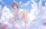  1girl :d ahoge blue_sky blunt_bangs blush breasts brown_hair cardcaptor_sakura clamp_(circle)_(style) cloud collar commentary crown day diamond_(shape) dress eyelashes feathered_wings flying full_body gloves green_eyes hair_intakes highres holding holding_staff kikistark kinomoto_sakura knees_up legs looking_at_viewer magical_girl mini_crown outdoors romaji_commentary short_hair sky small_breasts smile solo staff star_(symbol) white_collar white_dress white_footwear white_gloves white_wings wing_ornament wings 