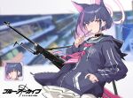  1girl animal_ears black_choker black_jacket black_pantyhose blue_archive blunt_bangs blurry bren_lmg cat_ears cat_girl choker colored_inner_hair commentary_request copyright_name depth_of_field extra_ears fork hair_ornament hairclip halo highres holding holding_fork hood hooded_jacket inset jacket kazusa_(blue_archive) logo long_sleeves looking_at_viewer multicolored_hair open_clothes open_jacket pantyhose pendant_choker pleated_skirt school_uniform serafuku short_hair sidelocks siguma_(13238772100) skirt solo streaked_hair sweater_jacket translation_request two-tone_hair utensil_in_mouth white_skirt 