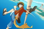  1boy black_eyes black_hair blue_shorts clenched_hand cloud cloudy_sky day elasticity hat jewelry leomezamx looking_at_viewer monkey_d._luffy necklace ocean one_piece outdoors sandals short_hair shorts sky smile solo solo_focus straw_hat teeth water 