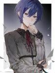  1boy 25-ji_kaito 25-ji_nightcord_de._(project_sekai) absurdres blue_eyes blue_hair blue_nails border collared_shirt commentary dark_blue_hair fingernails hair_between_eyes hand_on_own_elbow hand_on_own_face highres kaito_(vocaloid) lingjiu_yuki long_sleeves male_focus neck_ribbon parted_lips project_sekai red_ribbon ribbon shirt short_hair solo upper_body vocaloid white_border 