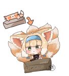  1girl animal_ears arknights black_gloves blonde_hair blue_hairband blush box cardboard_box chibi commentary_request fox_ears fox_girl fox_tail gloves green_eyes hairband in_box in_container kitsune kyuubi mokoo_rokoo multiple_tails parted_lips signature simple_background single_glove solo suzuran_(arknights) tail translated white_background 