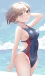  1girl absurdres blue_one-piece_swimsuit blue_sky breasts brown_hair cloud commentary_request competition_swimsuit covered_navel day highleg highleg_swimsuit highres higuchi_madoka horizon idolmaster idolmaster_shiny_colors medium_breasts mole mole_under_eye mugitya0822 ocean one-piece_swimsuit outdoors purple_eyes short_hair sky solo standing swept_bangs swimsuit 
