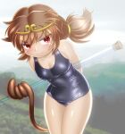  1girl :3 arms_behind_back blurry blurry_background blush breasts brown_hair cleavage closed_mouth collarbone commentary_request hair_between_eyes hair_ornament highres holding holding_pole holding_staff low_twintails medium_breasts monkey_tail pole red_eyes school_swimsuit solo son_biten staff swimsuit tail touhou twintails winn 