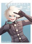  1boy :d ahoge android danganronpa_(series) danganronpa_v3:_killing_harmony dated finger_frame green_background green_eyes grey_hair headphones highres k1-b0 male_focus power_armor raku027 smile solo teeth tongue translation_request upper_body upper_teeth_only 