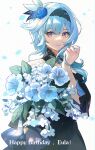  1girl absurdres black_dress black_hair blue_flower blue_hair blue_rose bouquet closed_mouth detached_collar dress eula_(genshin_concert)_(genshin_impact) eula_(genshin_impact) falling_petals flower genshin_impact hair_flower hair_ornament hand_up happy_birthday highres holding holding_bouquet looking_at_viewer medium_hair official_alternate_costume petals playing_with_own_hair purple_eyes rose sidelocks simple_background solo upper_body white_background ya_danhuang 