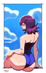  1girl 2019 arm_support ass bare_shoulders blue_one-piece_swimsuit blue_sky butt_crack cloud commission dated dreaminerryday from_behind hand_on_own_hip highleg highleg_swimsuit highres huge_ass looking_back looking_to_the_side one-piece_swimsuit philena_ivy pokemon pokemon_(anime) pokemon_(classic_anime) purple_hair short_hair signature sitting skindentation sky solo strapless_one-piece_swimsuit swimsuit thick_thighs thighs wide_hips 