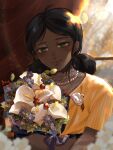  1girl alternate_costume bird black_hair blurry blurry_foreground bokeh bouquet brooch closed_mouth commentary curtains dark-skinned_female dark_skin depth_of_field double_bun dress eclipseb041117 flower formal green_eyes gundam hair_bun half-closed_eyes highres holding holding_bouquet jewelry lalah_sune light_particles looking_at_viewer mobile_suit_gundam necklace orange_dress paper_texture pearl_necklace purple_flower short_sleeves sidelighting smile solo sunlight swan upper_body white_flower window 