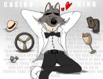  &lt;3 anthro bow_tie canid canine canis clothing dreamworks grin hi_res looking_at_viewer lyrics male mammal mr._wolf_(the_bad_guys) relaxing smile smug solo story suit the_bad_guys unknown_artist wolf 