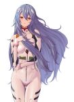  1girl absurdres ayanami_rei blue_hair bodysuit breasts commentary_request covered_navel cowboy_shot evangelion:_3.0+1.0_thrice_upon_a_time hair_between_eyes hand_on_own_hip hand_up highres interface_headset long_hair looking_at_viewer medium_breasts neon_genesis_evangelion parted_lips partial_commentary pilot_suit plugsuit rebuild_of_evangelion red_eyes sasasa_r_23 simple_background skin_tight solo standing straight-on thigh_gap very_long_hair white_background white_bodysuit 