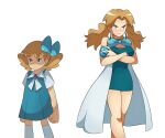  1girl aged_up blue_bow blue_bowtie blue_eyes blue_socks bow bowtie breasts cape cleavage crossed_arms dress english_commentary hair_bow highres holding holding_poke_ball light_frown molly_hale poke_ball pokemon pokemon_(anime) pokemon_(classic_anime) pokemon_3:_the_movie_-_spell_of_the_unown:_entei rizwan_rafiq scowl shaded_face smile socks twintails 