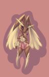  1girl :3 animal_ears animal_nose arm_at_side artist_name bare_shoulders black_sclera body_fur brown_fur chemise closed_mouth clothed_pokemon collarbone colored_sclera echoseed flat_chest full_body furry furry_female hand_up happy highres legs looking_to_the_side lopunny outline panties pink_background pink_outline pink_panties pink_trim pointy_ears pokemon pokemon_(creature) rabbit_ears rabbit_girl rabbit_tail red_eyes see-through signature smile solo spaghetti_strap standing tail thighs two-tone_fur underwear wide_hips yellow_fur 