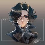  1boy ascot black_hair blue_eyes blue_jacket closed_mouth collared_jacket frown grey_background hiryuu_(kugelcruor) jacket lies_of_p looking_at_viewer male_focus pinocchio_(lies_of_p) portrait short_hair signature solo white_ascot 