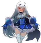  1girl blue_gloves blush breasts dress eyebrows_hidden_by_hair fairy_knight_lancelot_(fate) fairy_knight_lancelot_(second_ascension)_(fate) fate/grand_order fate_(series) flower frilled_dress frilled_gloves frilled_skirt frills gloves hair_between_eyes hey_taisyou highres long_hair open_mouth outstretched_arms shoulder_cape simple_background skirt small_breasts solo thighhighs thighs upper_body white_background white_flower white_hair white_thighhighs yellow_eyes 
