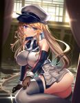  1girl anchor_hair_ornament ass bangs bismarck_(kancolle) bismarck_kai_(kancolle) blonde_hair blue_eyes blurry blurry_background closed_mouth cross curtains detached_sleeves dress elbow_gloves gloves grey_dress grey_thighhighs hair_ornament hat highres indoors iron_cross kantai_collection military military_hat military_uniform o-sirius panties peaked_cap sitting solo thighhighs underwear uniform window yokozuwari 