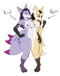  2023 anthro black_hair breasts canid canine conjoined female fox fur genitals hair hand_on_hip hi_res implied_transformation mammal moldyloam nipples nude purple_body purple_fur purple_hair pussy surprise yellow_body yellow_fur 