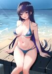  1girl beach bikini black_hairband blue_bikini blue_sky blunt_bangs breasts chinese_commentary commentary_request day defaultkavy feet_out_of_frame hairband highres honkai_(series) honkai_impact_3rd horizon large_breasts long_hair looking_at_viewer multi-strapped_bikini navel ocean outdoors pier raiden_mei sky solo swimsuit tongue tongue_out 