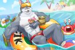  absurd_res anthro ball beach_ball beach_umbrella canid canine canis clothing eyewear glasses hi_res humanoid inflatable kindred_(lol) league_of_legends male mammal muscular muscular_male nipples pecs poro renekton riot_games scar smile solo warwick_(lol) warwickislovely wolf 