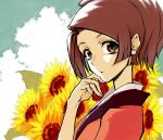  1girl blue_sky brown_eyes brown_hair cloud commentary fingernails flower fuu_(samurai_champloo) hand_up highres japanese_clothes kawazu_(kwzuuun) kimono looking_at_viewer nail_polish parted_lips pink_kimono pink_nails samurai_champloo sky solo sunflower upper_body 