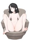  1girl absurdres anus barefoot black_hair breasts chair character_request closed_mouth completely_nude copyright_request ear_piercing grey_eyes highres lan_mao_akko looking_at_viewer medium_hair nipples nude on_chair piercing pussy simple_background sitting small_breasts smile spread_legs white_background 