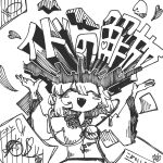  1girl 3ma_can_omochi ^_^ arms_up blouse blush_stickers character_name child&#039;s_drawing closed_eyes collared_shirt commentary_request explosion facing_viewer flying_paper greyscale hatching_(texture) heart highres komeiji_koishi long_sleeves monochrome paper shirt signature smile solo stick_figure straight-on text_focus third_eye touhou translation_request upper_body wide_sleeves 