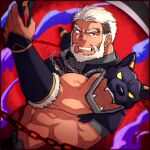  1boy abs armor bara beard black_hair bracer breastplate crave_saga dark-skinned_male dark_skin dated facial_hair fire forked_eyebrows holding holding_weapon looking_at_viewer male_focus midriff multicolored_hair muscular muscular_male purple_fire pyrokinesis red_background red_eyes selbart_(crave_saga) shoulder_armor signature simple_background solo sweat thick_eyebrows two-tone_hair v-shaped_eyebrows veins veiny_arms weapon white_hair yowaifish 
