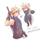  1boy armor asymmetrical_arms belt belt_buckle blonde_hair blue_eyes buckle chibi chibi_inset cloud_strife final_fantasy final_fantasy_vii gloves hand_on_weapon jumping low_poly male_focus multiple_belts pauldrons puffy_pants short_hair shoulder_armor single_pauldron sleeveless sleeveless_turtleneck solo spiked_hair standing suspenders sword sword_on_back tasituma2 turtleneck weapon weapon_on_back white_background 
