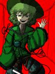  absurdres bags_under_eyes belt crazy_smile flat_chest green_eyes green_hair green_shirt hand_up hat highres holding holding_knife knife komeiji_koishi messy_hair pants red_background shirt short_hair slouching teeth tomino&#039;s_hell touhou upper_body upper_teeth_only 