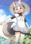  1girl :3 absurdres alternate_costume alternate_hairstyle bare_shoulders black_bow black_bowtie blue_sky blush bow bowtie braid detached_sleeves dress fang frilled_dress frills from_below grey_hair hair_between_eyes hair_bow hat highres island_fox_(kemono_friends) kemono_friends monaka1025 multicolored_hair open_mouth orange_hair sandals short_hair sky sun_hat sundress translation_request twin_braids white_dress white_hair yellow_eyes 