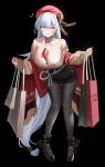  1girl absurdres azur_lane bag bare_shoulders belfast_(azur_lane) belfast_(shopping_with_the_head_maid)_(azur_lane) between_breasts black_background black_footwear black_skirt blush breasts carrying_bag casual choker cleavage closed_eyes earrings embarrassed hair_between_eyes hat highres jewelry jeze large_breasts long_hair nervous_smile red_scarf ribbon sash scarf sidelocks skirt smile struggling sweat sweater thighhighs white_hair 