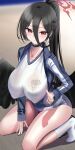  1girl absurdres black_hair black_wings blue_archive blue_jacket blush breasts choker closed_mouth collarbone feathered_wings gym_shirt gym_uniform hair_between_eyes halo hanasaka_houcha hasumi_(blue_archive) hasumi_(track)_(blue_archive) high_ponytail highres huge_breasts jacket kneeling long_hair long_sleeves looking_at_viewer low_wings official_alternate_costume original parted_lips ponytail red_eyes revision shirt socks solo sweat thighs very_long_hair white_shirt wings 