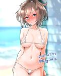  1girl arms_at_sides ass_visible_through_thighs bare_shoulders bikini blurry blurry_background blush breasts closed_mouth collarbone covered_nipples cowboy_shot dated furaggu_(frag_0416) hair_between_eyes highres horizon kantai_collection large_breasts light_brown_hair looking_at_viewer messy_hair micro_bikini navel nose_blush ocean one-hour_drawing_challenge outdoors sheffield_(kancolle) skindentation solo string_bikini swimsuit thighs twitter_username underboob water 