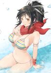  1girl :o arm_ribbon asuka_(senran_kagura) bangle bikini black_hair blush bracelet breast_suppress breasts brown_eyes cleavage front-tie_bikini_top front-tie_top groin hair_ribbon highres in_water jewelry kinako_(mzknk0) large_breasts looking_at_viewer multicolored_bikini multicolored_clothes multicolored_stripes open_mouth ponytail rainbow_bikini red_scarf red_wristband ribbon scarf senran_kagura senran_kagura_shoujo-tachi_no_shin&#039;ei short_hair short_ponytail side-tie_bikini_bottom sitting solo striped striped_bikini sweatband swimsuit water water_drop white_ribbon 