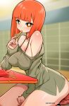  1girl animal_ears bare_shoulders bayeuxman blunt_bangs breasts brown_eyes cat_ears eating food french_fries highres holding holding_food large_breasts mcdonald&#039;s mother_(yoru_mac) orange_hair sitting solo sweater yoru_mac 