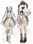  2girls black_footwear black_hair blue_hair boots commentary_request earrings flower full_body gloves grey_eyes grey_hair hair_flower hair_ornament hair_over_one_eye harusaruhi highres isekai_joucho isshiki_(ffmania7) jacket jewelry kamitsubaki_studio long_hair looking_at_viewer multicolored_hair multiple_girls orange_eyes pink_hair sketch skirt smile twintails virtual_youtuber white_gloves white_jacket white_skirt 
