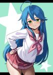  1girl :3 black_border blue_hair border green_background green_eyes hand_on_own_hip highres izumi_konata ki-51_(ampullaria) leaning_forward long_hair looking_at_viewer lucky_star red_skirt ryouou_school_uniform school_uniform shirt skirt smug solo star_(symbol) very_long_hair white_shirt 