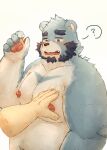  10_cosmo_24 2023 anthro bear beard black_nose blue_body blush bonasiah facial_hair full_attack hi_res humanoid_hands kemono male mammal mature_male moob_grab moobs nipples overweight overweight_male question_mark simple_background solo_focus sophring_jie white_body 