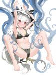  1girl absurdres arknights armpits arms_up barefoot bikini black_bikini blush bow bow_bikini breasts chinese_commentary commentary_request full_body grey_hair highres long_hair looking_at_viewer low-tied_long_hair navel red_eyes shin_maboroshi simple_background small_breasts spread_legs swimsuit tentacles toes variant_set very_long_hair weedy_(arknights) white_background 