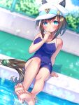  1girl alternate_costume animal_ears barefoot blue_eyes blue_one-piece_swimsuit blurry blurry_background blush breasts brown_hair cheval_grand_(umamusume) cleavage closed_mouth collarbone commentary_request competition_school_swimsuit competition_swimsuit hat highres horse_ears horse_girl looking_at_viewer medium_breasts medium_hair one-piece_swimsuit pool school_swimsuit sitting soles solo sugimotty_nova swimsuit tail tracen_swimsuit umamusume 