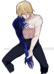  1boy black_pants blonde_hair bucumberr closed_eyes closed_mouth commentary corruption dainsleif_(genshin_impact) genshin_impact highres medium_hair pants scar scar_on_arm scar_on_chest simple_background sitting solo topless_male white_background 
