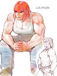  1girl belt black_eyes bracelet breasts cleavage clenched_hands denim english_commentary english_text hand_on_own_hip highres jeans jewelry light_smile looking_to_the_side marisa_(street_fighter) muscular muscular_female pants quasimodox red_hair signature simple_background sitting sketch solo solo_focus spread_legs street_fighter street_fighter_6 tank_top undershirt white_background 