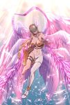  1girl angel angel_wings angewomon anklet asymmetrical_clothes asymmetrical_footwear bare_shoulders belt blonde_hair bodysuit breasts cleavage closed_mouth commentary_request covered_collarbone covered_eyes digimoji digimon digimon_(creature) elbow_gloves feathered_wings feathers full_body gloves hagoromo helmet helmet_over_eyes holy_ring jewelry large_breasts light_rays long_hair mismatched_footwear multiple_wings navel o-ring o-ring_belt shawl single_elbow_glove solo tako_kagerou thigh_strap white_bodysuit white_footwear winged_helmet wings wrist_wings zipper 