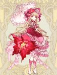  1girl blonde_hair dairoku_ryouhei dress flower frilled_dress frills full_body hair_flower hair_ornament high_heels kirsche_(tw) long_hair long_sleeves looking_at_viewer pale_skin puffy_long_sleeves puffy_sleeves red_dress red_eyes red_flower red_headwear smile solo standing white_footwear yuni_exmachina 