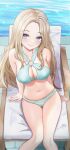  1girl absurdres aqua_bikini bikini blonde_hair blue_eyes breasts character_request cleavage closed_mouth commission covered_nipples criss-cross_halter doki_doki_literature_club english_commentary feet_out_of_frame halterneck highres long_hair looking_at_viewer medium_breasts navel o-ring on_chair sitting smile solo swimsuit yami_(rear4742) 